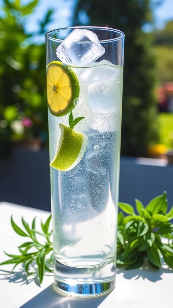 A refreshing gin and tonic in a highball glass with ice and lime garnish, set in a sunny garden.